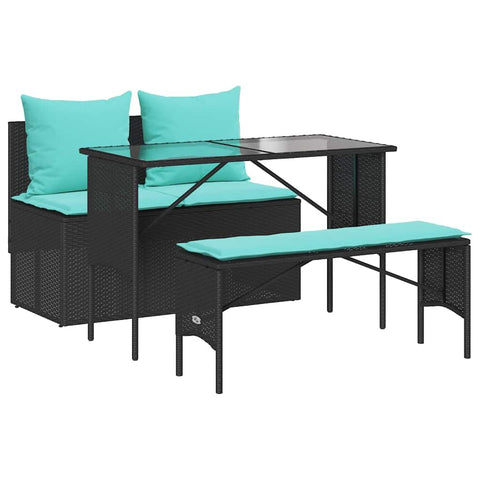 vidaXL 3 piece Patio Dining Set with Cushions - Black Poly Rattan Outdoor Table and Seating, Tempered Glass top, Turquoise Cushion Covers, Backyard/Garden Furniture, Strong Steel Frame
