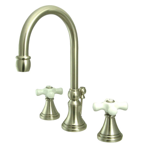 Kingston Brass KS2988PX Governor Widespread Lavatory Faucet with Brass Pop-Up and Porcelain Cross Handle, Brushed Nickel, 8-Inch Adjustable Center