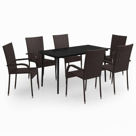 vidaXL 7 Piece Patio Dining Set with PE Rattan Chairs and Glass Tabletop - Brown and Black Outdoor Furniture for Garden, Deck, and Patio, 3099404