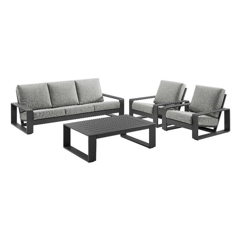 Modway Lirienne Aluminum 4-Piece Outdoor Furniture Set in Light Gray – Patio Conversation Set with 3-Seater Sofa, 2 Armchairs & Coffee Table