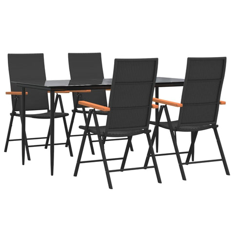 vidaXL 5-Piece Modern Patio Dining Set in Black and Brown - PE Rattan Outdoor Furniture with Powder-Coated Steel Frame, Foldable and Reclining Chairs with Tempered Glass Tabletop