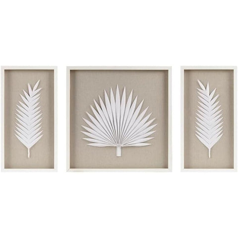 Oakestry 3-Pieces Sabal Floral Wall Art Rustic Handmade Canvas Combines With Palm Natural Rice Paper Shadow Box Set Glass Wood Frame Linen Base Off White