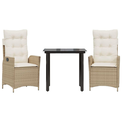 vidaXL 3 Piece Patio Dining Set with Cushions - Beige Poly Rattan Reclining Chairs, Square Tempered Glass Table, Weather- Outdoor Furniture