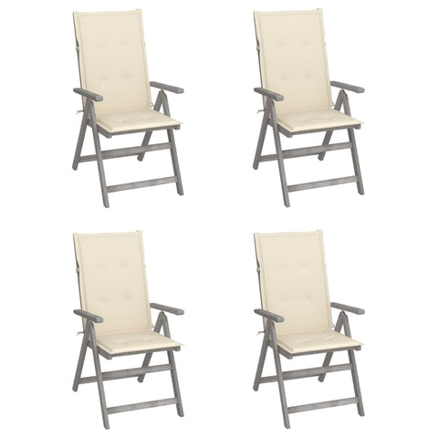 vidaXL 4 Piece Garden Reclining Chair Set with Cushions Solid Acacia Wood Outdoor Furniture Grey and Cream Adjustable Backrest for Relaxing Dining Lounge Wooden Recliner Weather Resistant