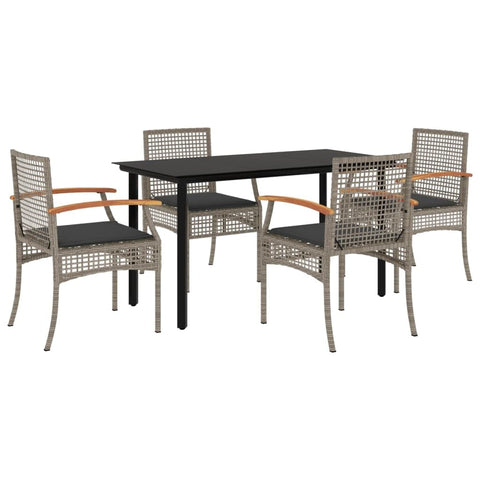 vidaXL 5-Piece Patio Dining Set with Cushions - Gray Poly Rattan Outdoor Furniture Set - Tempered Glass Table, Powder-Coated Steel Frame, Removable Cushion Covers, for Garden, Backyard, Deck