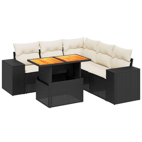 vidaXL 6 Piece Garden Sofa Set with Cushions Black Poly Rattan Outdoor Furniture Modern Design Modular Seating Weather Resistant Comfortable and Durable Casual Terrace Patio Conversation Lounge