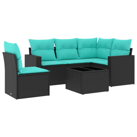 vidaXL Patio Sofa Set with Cushions 6 Piece, Sectional Sofa with Glass Table, Outdoor Conversation Set, Patio Furniture, Black Poly Rattan