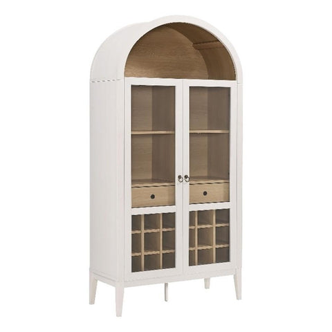 Modway Nolan Modern Farmhouse Arched Bar Cabinet in Ivory Wood Grain - 72 Inch Tall Wine Storage Cabinet with Glass Doors and Wine Rack - Large Liquor Cabinet for Dining or Living Room