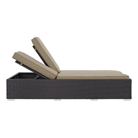 Modway Convene Wicker Rattan Outdoor Patio Upholstered Double Chaise Chair in Espresso Mocha