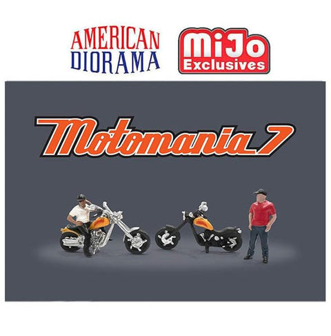 American Diorama Motomania 7" 4 piece Diecast Figure Set (2 Figures 2 Motorcycles) Limited Edition to 4800 Pieces Worldwide for 1/64 Scale Models