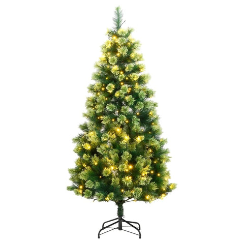 vidaXL 70.9" Artificial Hinged Christmas Tree with 300 LEDs - Warm White Lighting, Metal Stand, Green PVC - Xmas Outdoor Decoration