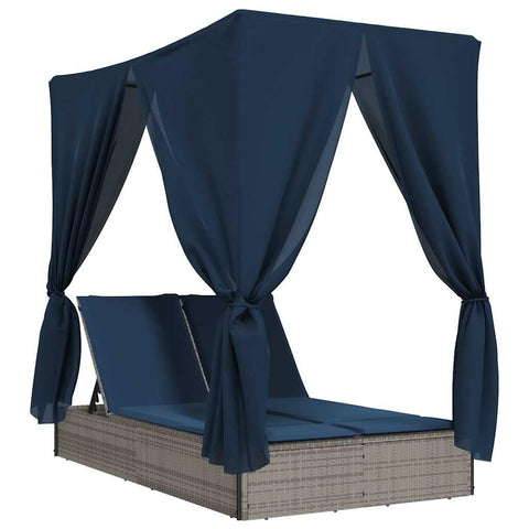 vidaXL Double Sun Lounger with Roof and Curtains, Chaise Lounge Chair with Cushion, Outdoor Daybed for Patio Garden, Modern, Gray Poly Rattan