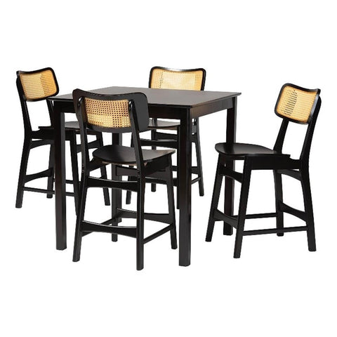 Baxton Studio Tafari 5-Piece Wood & Rattan Pub Set in Dark Brown