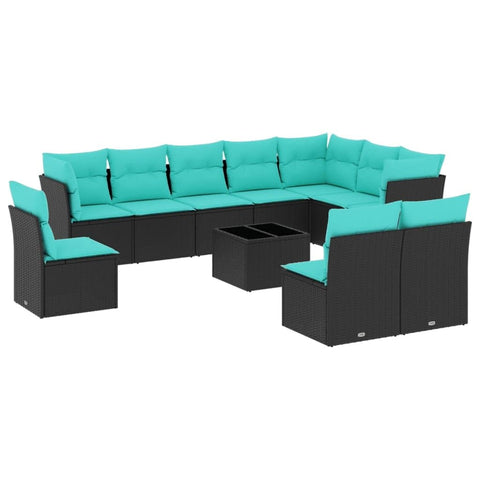 vidaXL Patio Sofa Set with Cushions 11 Piece, Sectional Sofa with Glass Table, Outdoor Conversation Set, Modern Style, Black Poly Rattan