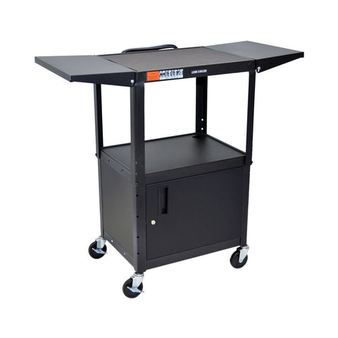 LUXOR AVJ42CDL Steel AV Cart with Adjustable-Height, Storage Cabinet, and Drop Leaf Shelves, Multipurpose Utility Cart, 24" to 42" Height, 3 Outlet Electrical Assembly, Black