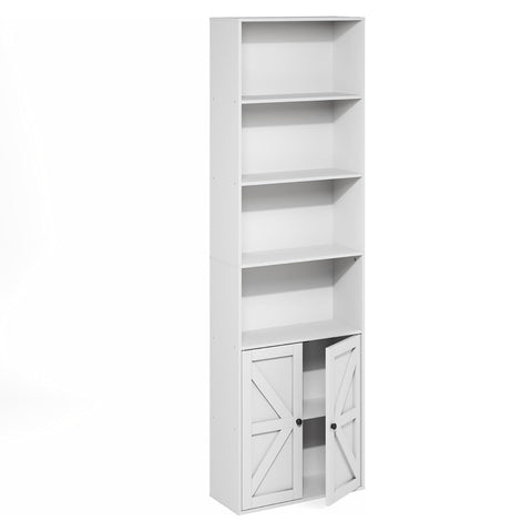 Oakestry Jensen Farmhouse Six Shelf Display Bookcase Bookshelf with Doors Wooden Storage Cabinet for Living Room Office Library (White)