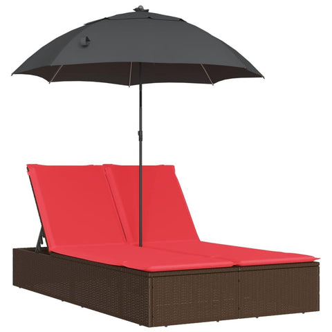vidaXL Patio Double Sun Lounger with Cushions and Parasol, Outdoor Chaise Lounge Chair for Beach Pool, Daybed, Sunbed, Modern Style, Brown Poly Rattan