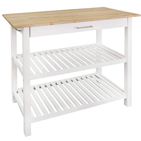 Oakestry 40 inch Width Kitchen Table Solid Hardwood top with Storage 2 Shelves Storage Kitchen Table with White Color Kitchen Island Storage cart