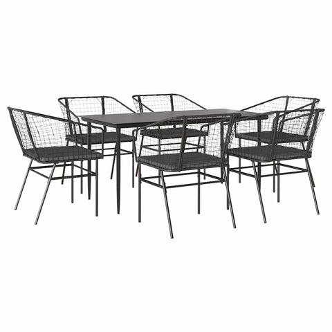 vidaXL 7 Piece Patio Dining Set - Black Poly Rattan Furniture with Cushions and Glass Tabletop for Garden, Backyard, Deck, or Patio â€“ Modern Style, Durable and Weather-