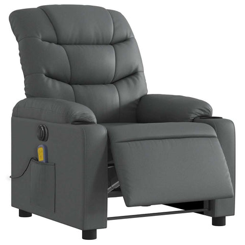 vidaXL Electric Massage Recliner Chair - Gray Faux Leather Wingback Armchair with Motorized Reclining, Vibration Massage, Cup Holders, Storage Pocket