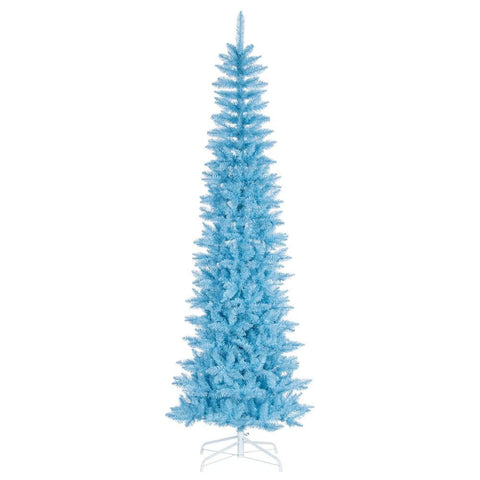 Vickerman 8.5' x 38" Sky Blue Pencil Artificial Unlit Christmas Tree. It Measures 102 inches Tall, and 28 inches Wide, which is considered a Pencil Profile.