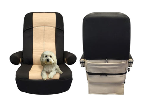 RV Designer GripFit+ Motorhome Seat Covers 1-Pack C893 - Premium 100% PVC Leatherette –Class-A RV - Pet-Friendly, Easy-to-Clean, Durable, Fire Retardant - Side Pockets – Black and Tan