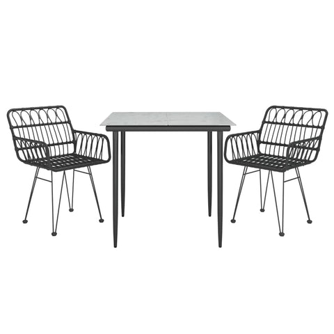 vidaXL 3-Piece Outdoor Dining Set - Black Poly Rattan Patio Furniture with Steel Frame and Tempered Glass Tabletop