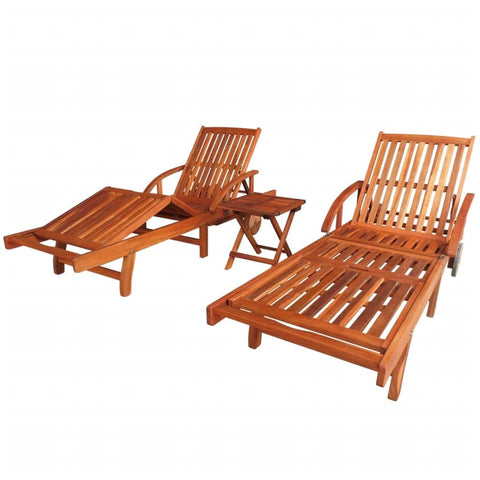 vidaXL Patio Lounge Chairs/Chaise Loungers Set - 2 Pieces Solid Acacia Wood Sunloungers with Adjustable Backrest and Folding Table - Outdoor Garden Patio and Pool Furniture