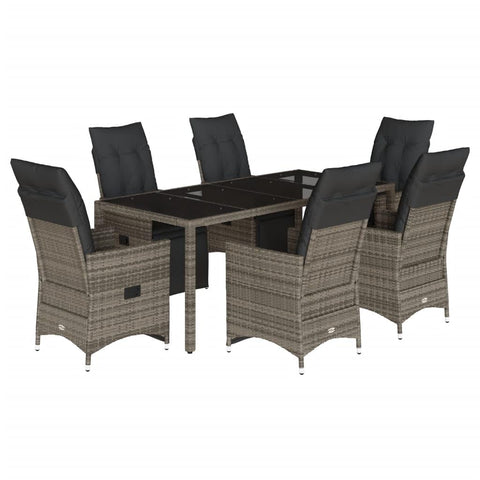 vidaXL 7 Piece Garden Bistro Set with Cushions Grey Poly Rattan Outdoor Furniture Dining and Coffee Table Adjustable Reclining Chairs Patio Balcony Backyard 6 Seater