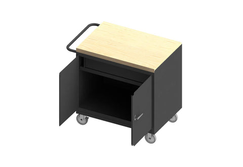 Mobile Bench Cabinet With 5 Inch X 1-1/4 Inch Polyurethane Casters (2) Rigid And (2) Swivel 1 Shelf 1 Drawer And 2 Doors Maple Top Work Surface With Tubular Push Handle Gray