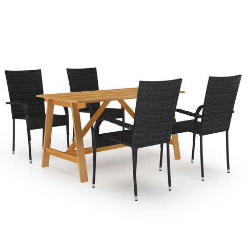 vidaXL 5-Piece Outdoor Patio Dining Set - Black - Weather-Resistant PE-Rattan Chairs, Stackable Design, Solid Acacia Wood Table - Stylish, Durable and Easy to Maintain