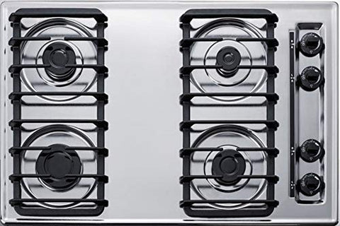Summit Appliance ZTL053S 30" Wide 4-Burner Gas Cooktop in Brushed Chrome with Cast Iron Grates, Push-to-turn Knobs, Removable Burner Caps, Recessed Top and Electronic/Gas Spark Ignition