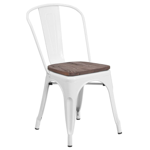 Flash Furniture Perry White Metal Stackable Chair with Powder Coated Steel Frame and Wood Seat