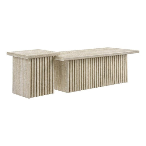 Modway Render Faux Travertine Slatted Nesting Coffee Table Set in Travertine - 2 Piece Low Profile Coffee Table Mid Century Modern - Abstract Coffee Tables for Living Room - Nested Accent Tables
