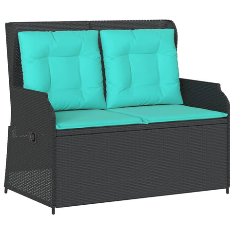 vidaXL Reclining Patio Bench - Black Poly Rattan, Adjustable Backrest, Cushions Included, Weather Outdoor Garden Seating