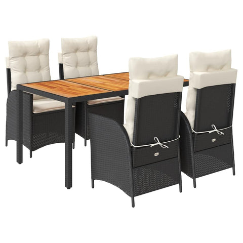 vidaXL 5 Piece Patio Dining Set with Cushions - Black Poly Rattan Outdoor, Garden, Backyard Furniture - Reclining Chairs & Acacia Wood Table