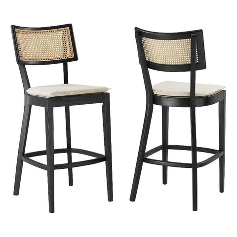 Modway Caledonia 46.5 Inch Elm Wood Bar Stools - Set of 2 in Black Beige - Padded Bar Stools with Rattan Back and Removable Cushion Cover - 2Pc High Bar Chairs with Footrest - Armless Bar Stools