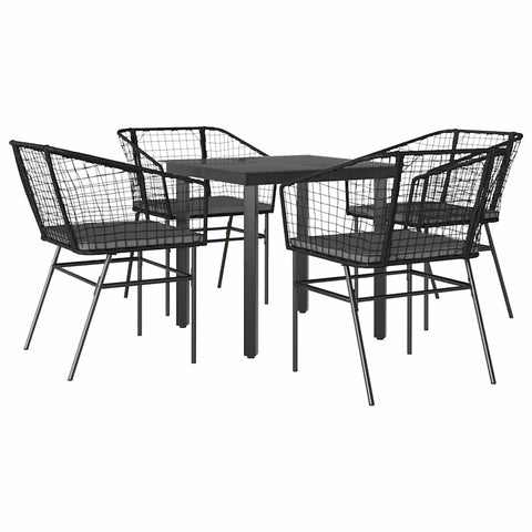 vidaXL 5-Piece Black Patio Dining Set - Outdoor Garden Furniture w/4 Poly Rattan Chairs & Tempered Glass Table, Cushions