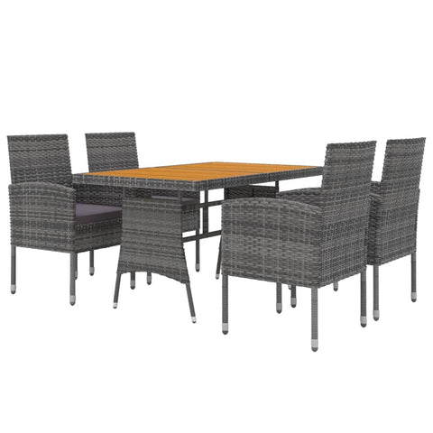 vidaXL Poly Rattan Outdoor Patio Dining Set - 5-Piece Set with Solid Acacia Wood Table and Water- Gray Rattan Chairs with Cushions.