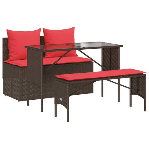 vidaXL 3 Piece Patio Dining Set with Cushions - Brown Poly Rattan Furniture for Garden/Patio/Outdoor Spaces - Durable Glass Tabletop, Comfortable Red Cushions, Weather