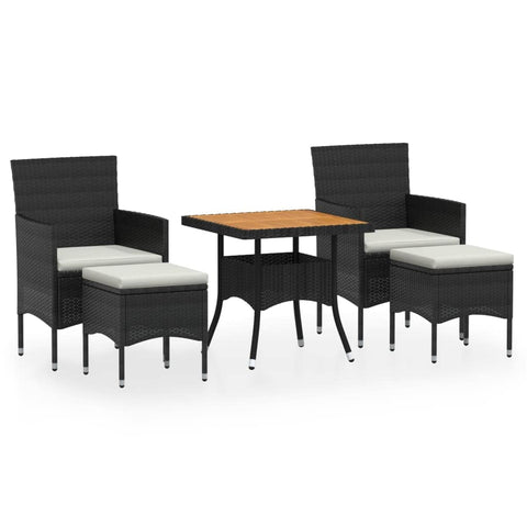 vidaXL 5 Piece Garden Dining Set Poly Rattan Cushions Acacia Wood Black Outdoor Furniture for 4 People Patio Balcony Table and Chair Footstool Footrest