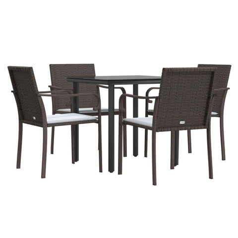 vidaXL 5-Piece Patio Dining Set - Weather- PE Rattan and Steel Construction, Brown and Cream Color Scheme, Tempered Glass Table & Comfortable Chairs with Cushions