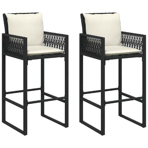 vidaXL Patio Bar Stools with White Cushions, Set of 2, Black Weather-Resistant Poly Rattan with Steel Frame, Outdoor Furniture with Armrests and Backrest, Stylish Seating for Patio, Balcony, Deck