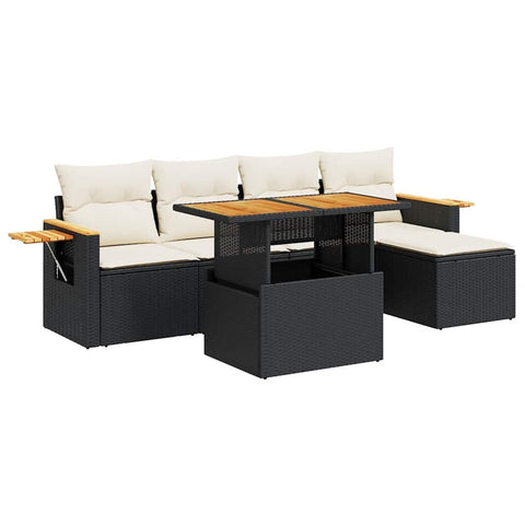 vidaXL 6 Piece Garden Sofa Set with Cushions Poly Rattan and Acacia Wood Black & Cream Modular Furniture Arrangement Outdoor Patio Wicker Lounge Sectional for Corner