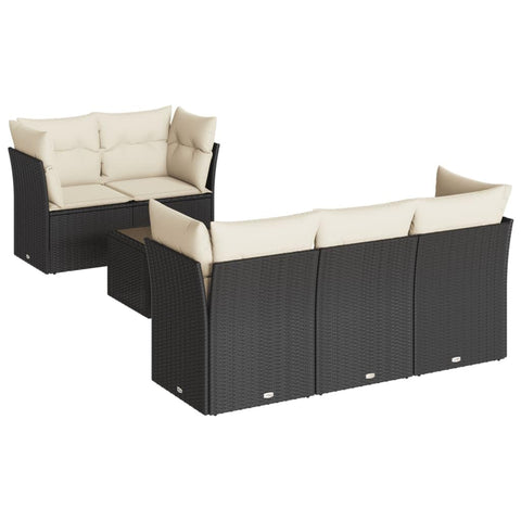 vidaXL Patio Sofa Set with Cushions 7 Piece, Sectional Sofa with Glass Table, Outdoor Conversation Set, Modern Style, Black Poly Rattan