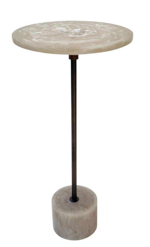 Carolina Chair & Table Solace Round Accent Table - Resin Top and Iron Frame Pedestal Base Table Antique Copper Finish Compact Modern Furniture for Bedroom, Living Room (White)