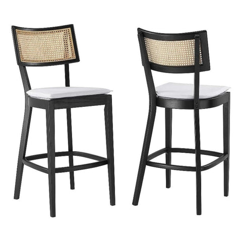 Modway Caledonia 46.5 Inch Elm Wood Bar Stools - Set of 2 in Black White - Padded Bar Stools with Rattan Back and Removable Cushion Cover - 2Pc High Bar Chairs with Footrest - Armless Bar Stools