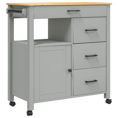 vidaXL Solid Pine Wood Kitchen Trolley - Gray and Honey Wax Finish, Rolling Cart with Storage, 4 Drawers, 1 Door, Side Hooks, Versatile for Living Room/Bathroom, 33.1â€ L