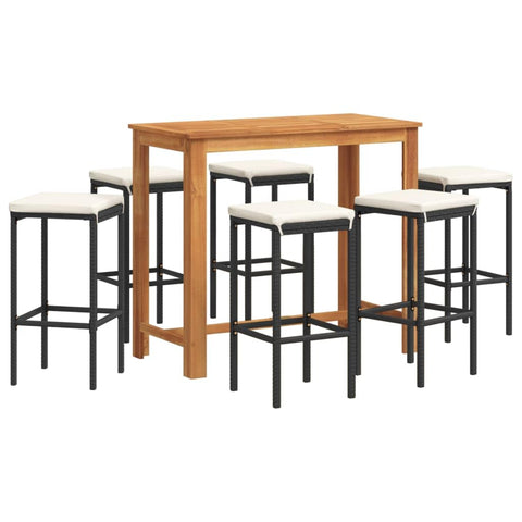 vidaXL Patio Bar Set 7 Piece, Outdoor Bar Table and Stool Set, Patio Furniture Set for Balcony Terrace, Black Solid Wood Acacia and Poly Rattan