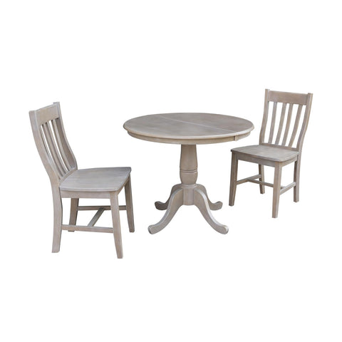 IC INTERNATIONAL CONCEPTS 36" Round Extension Solid Wood Table with 2 Cafe Chairs in Washed Gray Taupe